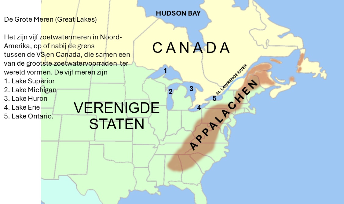 Appalachen, Hudsonbaai, de Grote Meren en de St. Laurensrivier.