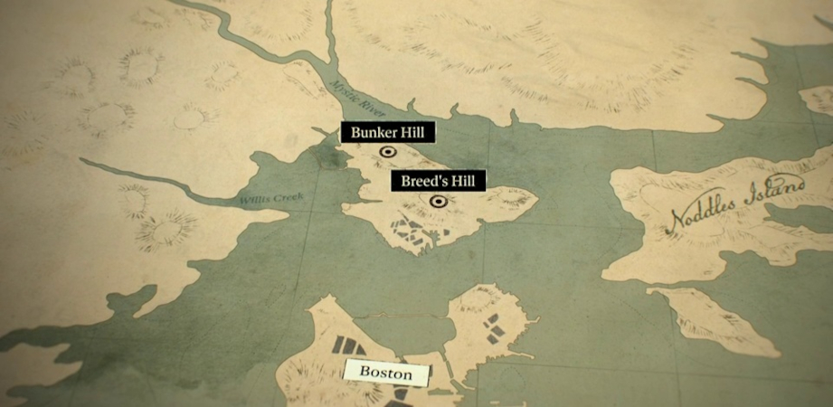 De belangrijke heuvels bij Boston: Bunker Hill en Breed's Hill